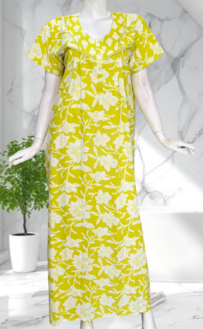 Lime Green Floral Pure Cotton Nighty. Pure Durable Cotton | Laces and Frills