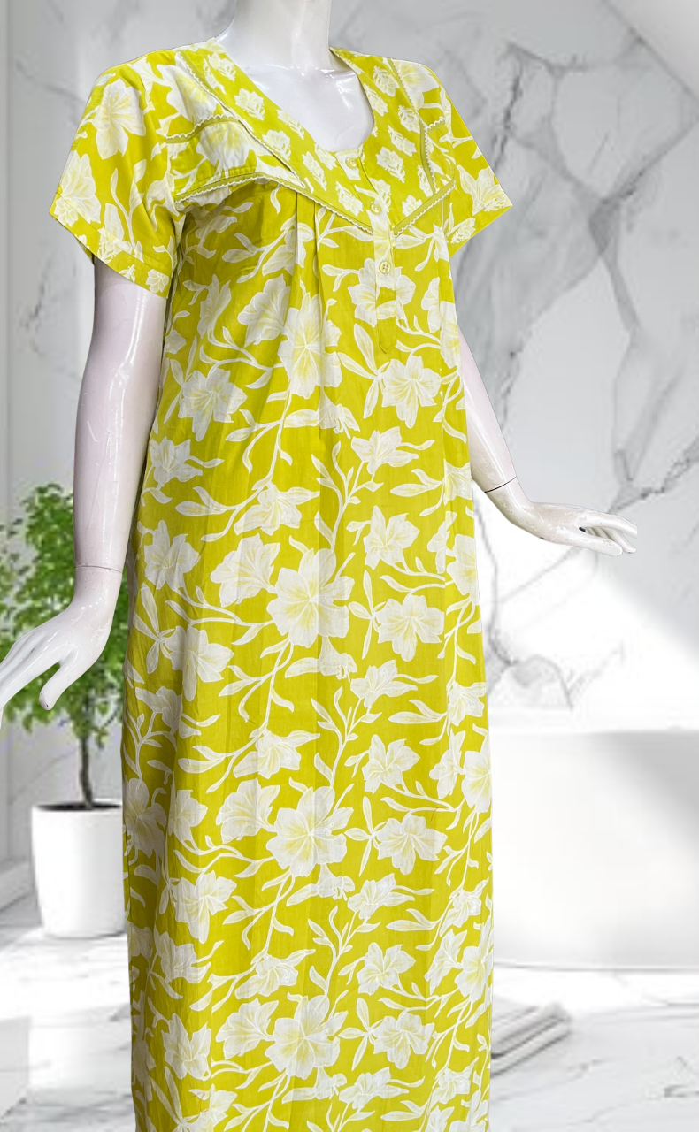 Lime Green Floral Pure Cotton Nighty. Pure Durable Cotton | Laces and Frills