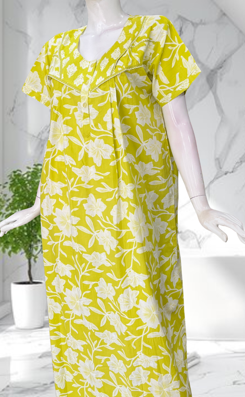 Lime Green Floral Pure Cotton Nighty. Pure Durable Cotton | Laces and Frills