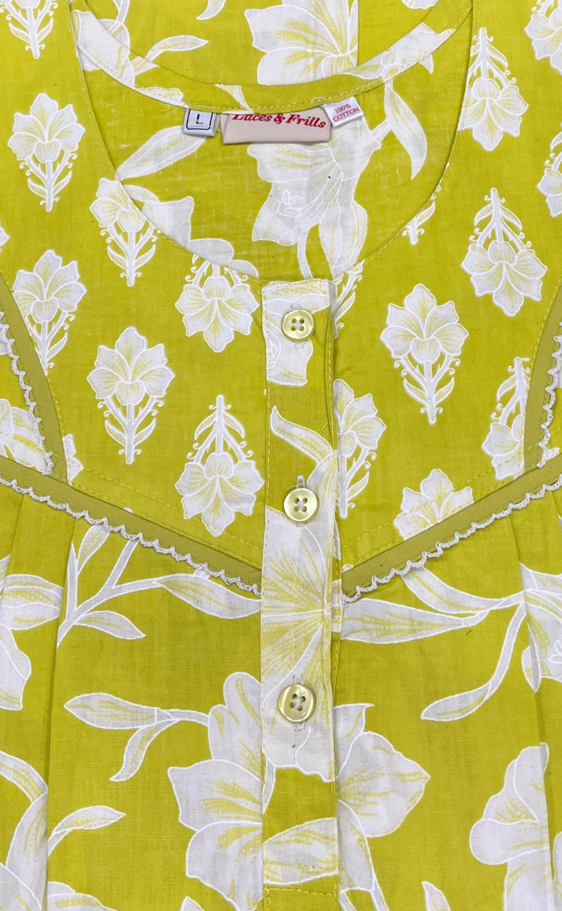 Lime Green Floral Pure Cotton Nighty. Pure Durable Cotton | Laces and Frills