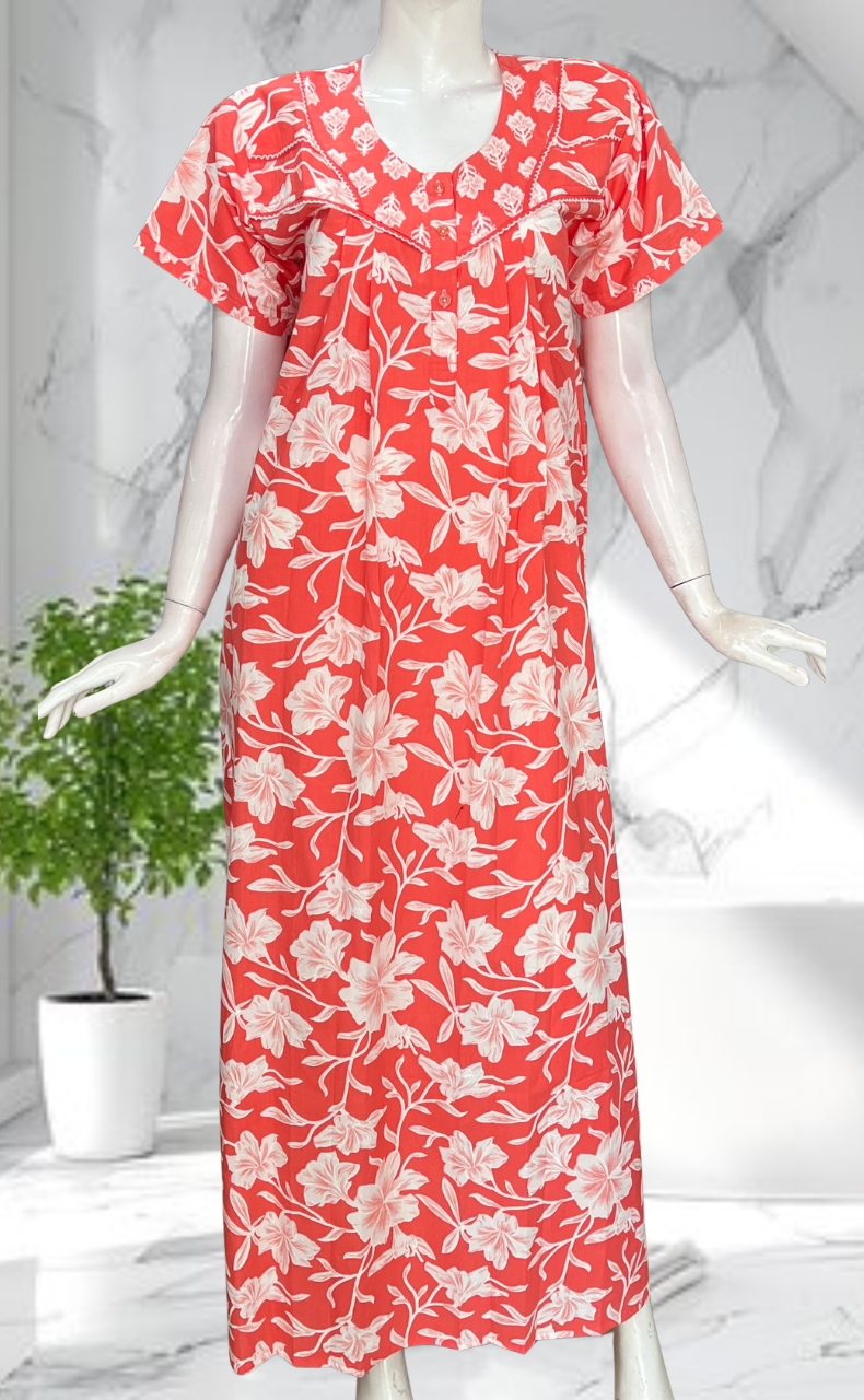 Peach Floral Pure Cotton Nighty. Pure Durable Cotton | Laces and Frills