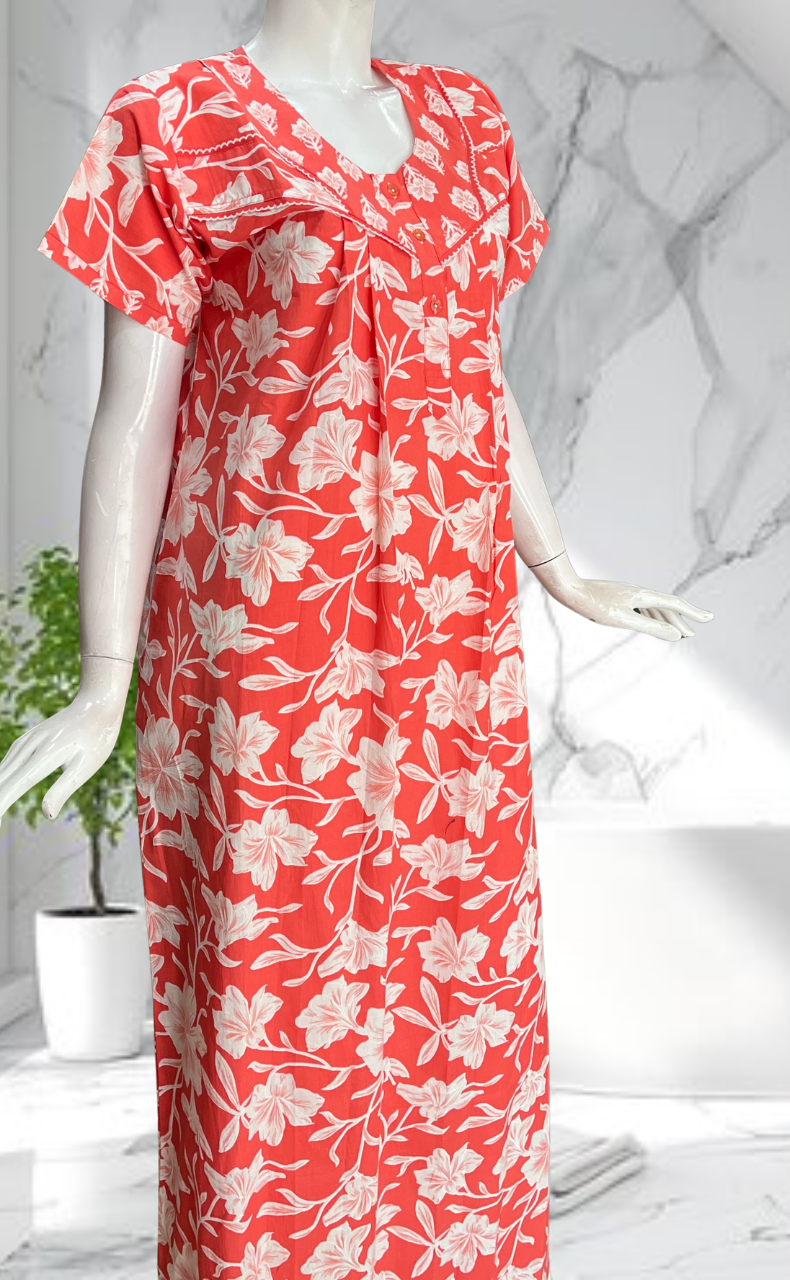 Peach Floral Pure Cotton Nighty. Pure Durable Cotton | Laces and Frills
