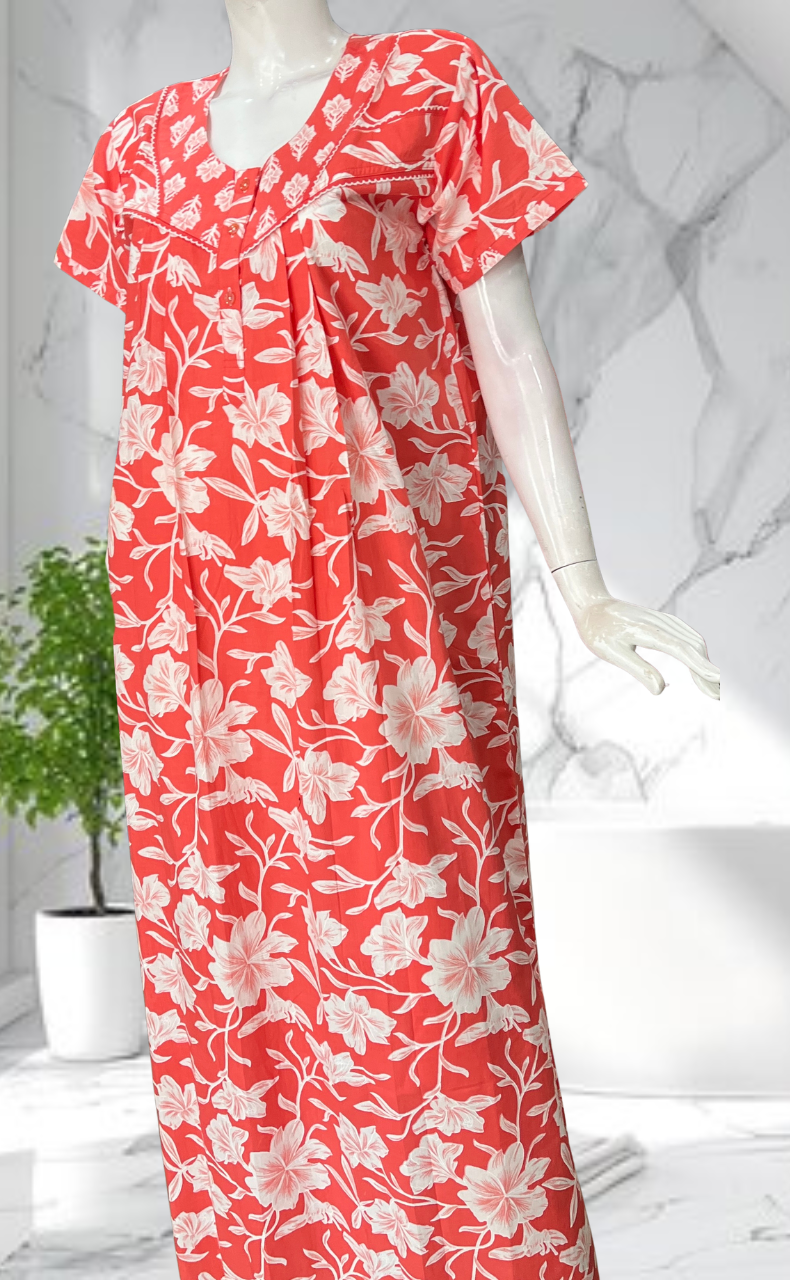 Peach Floral Pure Cotton Nighty. Pure Durable Cotton | Laces and Frills