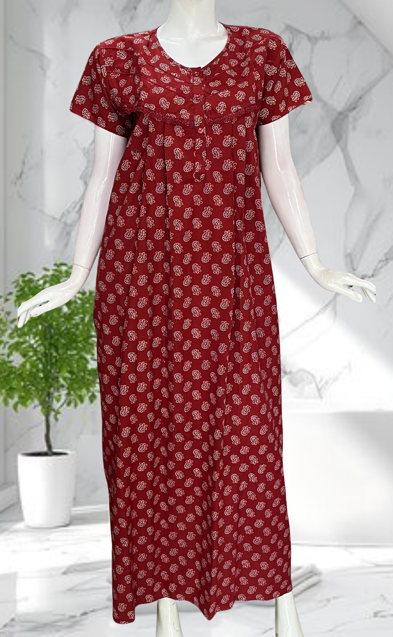Maroon Tiny Flora Pure Cotton Nighty. Pure Durable Cotton | Laces and Frills