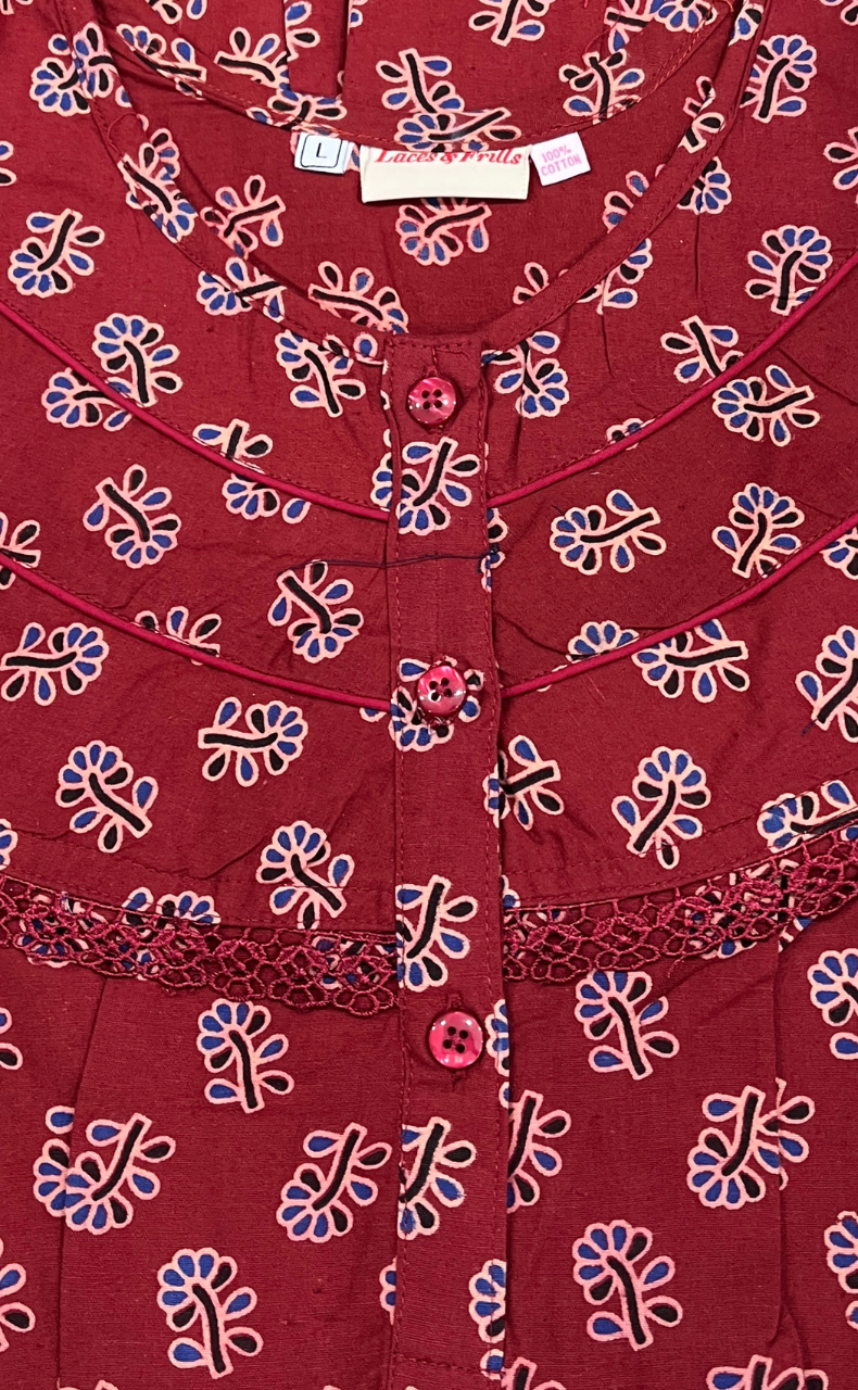 Maroon Tiny Flora Pure Cotton Nighty. Pure Durable Cotton | Laces and Frills