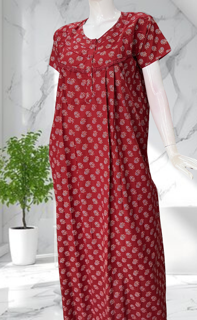 Maroon Tiny Flora Pure Cotton Nighty. Pure Durable Cotton | Laces and Frills