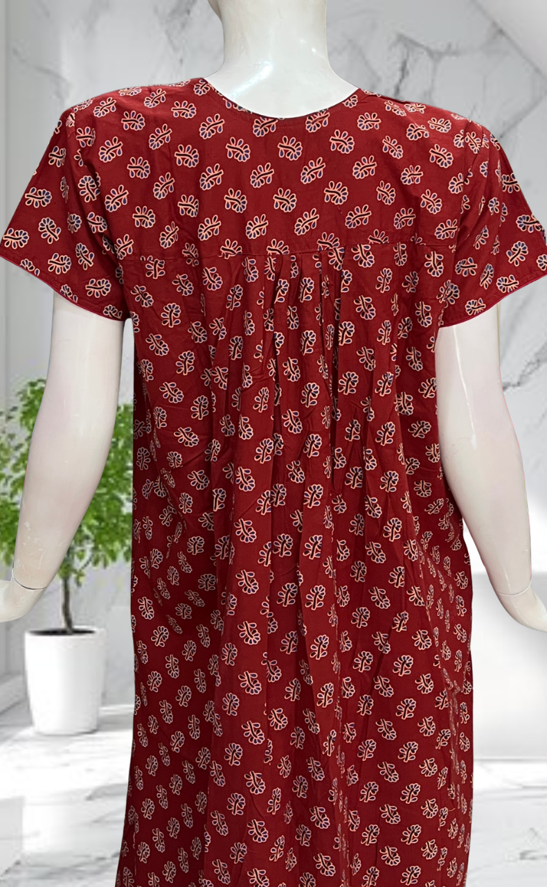 Maroon Tiny Flora Pure Cotton Nighty. Pure Durable Cotton | Laces and Frills
