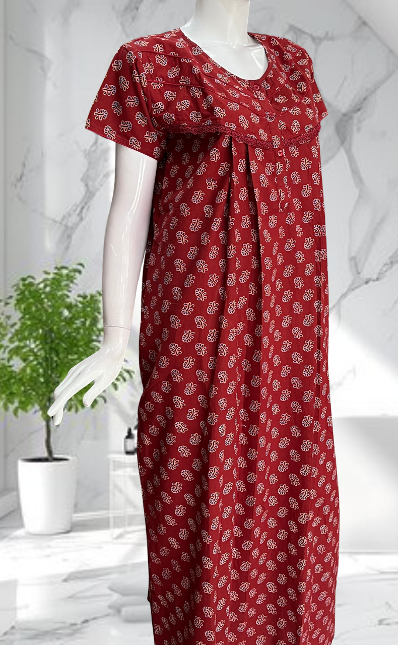 Maroon Tiny Flora Pure Cotton Nighty. Pure Durable Cotton | Laces and Frills