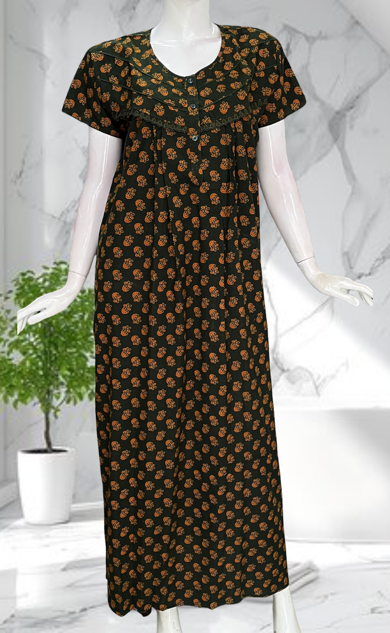 Dark Green Tiny Flora Pure Cotton Nighty. Pure Durable Cotton | Laces and Frills