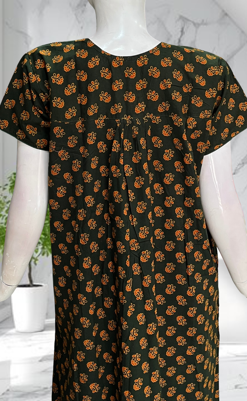 Dark Green Tiny Flora Pure Cotton Nighty. Pure Durable Cotton | Laces and Frills