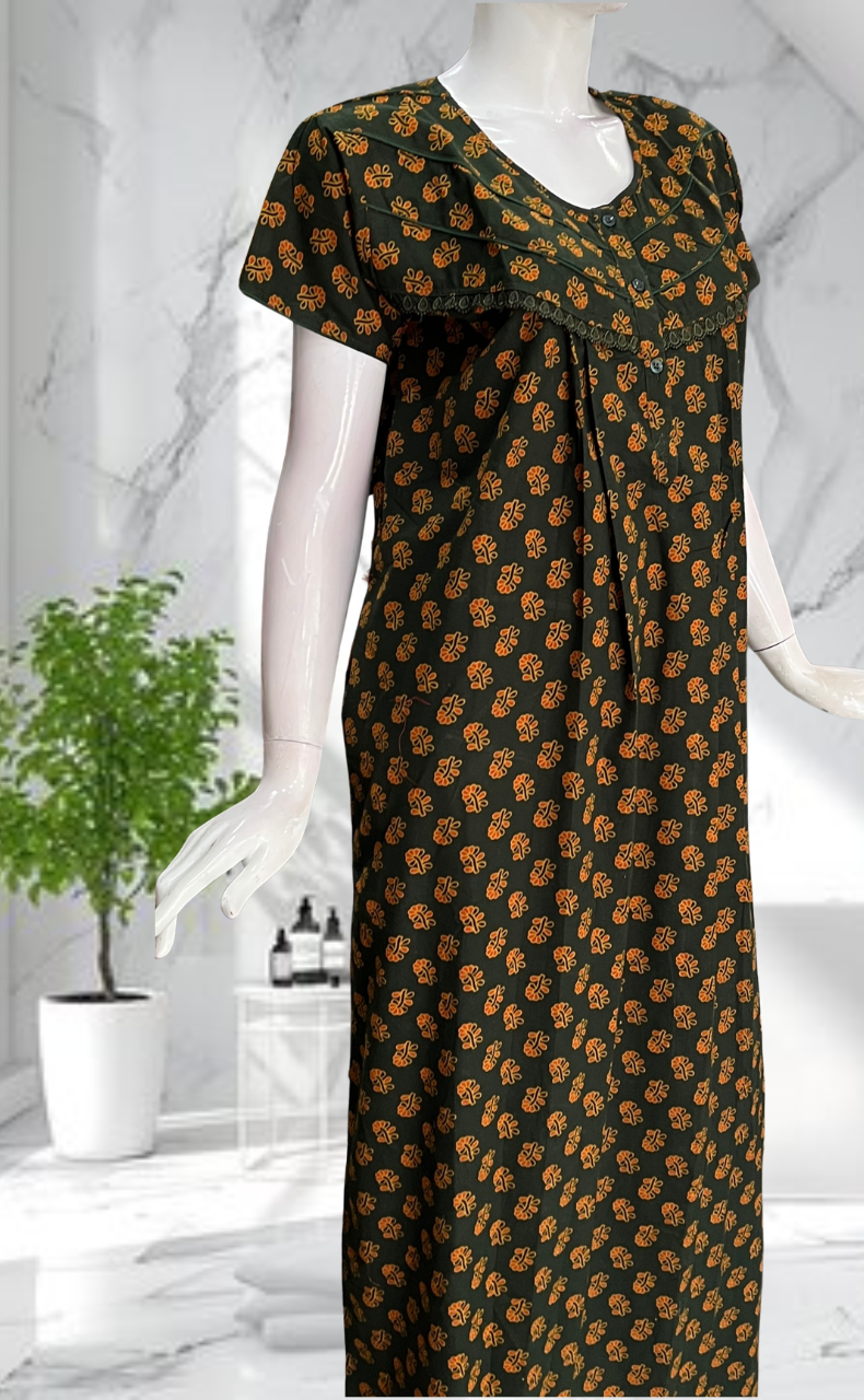 Dark Green Tiny Flora Pure Cotton Nighty. Pure Durable Cotton | Laces and Frills