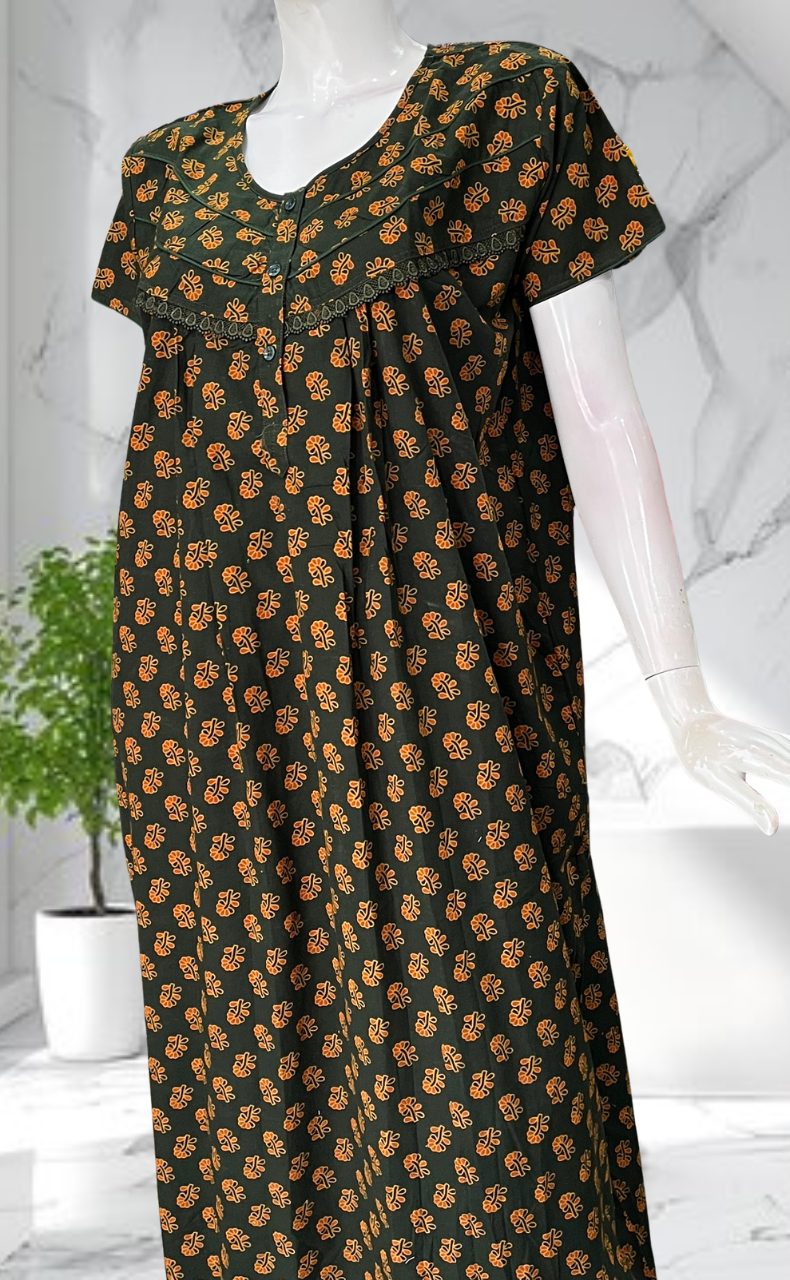 Dark Green Tiny Flora Pure Cotton Nighty. Pure Durable Cotton | Laces and Frills