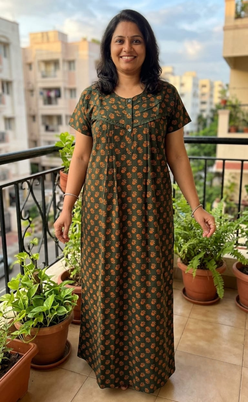 Dark Green Tiny Flora Pure Cotton Nighty. Pure Durable Cotton | Laces and Frills