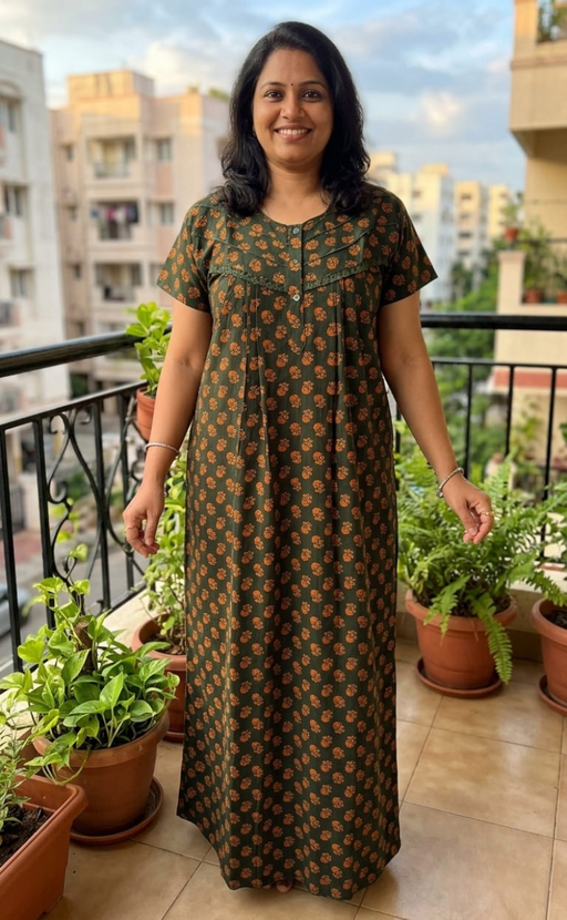Dark Green Tiny Flora Pure Cotton Nighty. Pure Durable Cotton | Laces and Frills - Laces and Frills