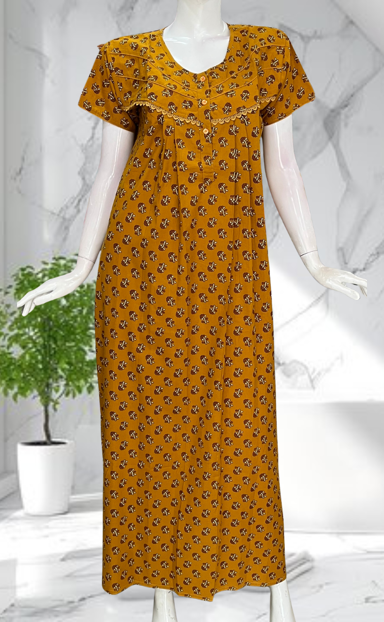 Mustard Tiny Flora Pure Cotton Nighty. Pure Durable Cotton | Laces and Frills