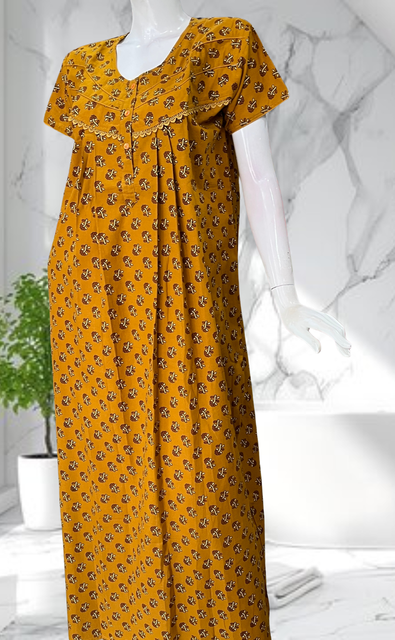 Mustard Tiny Flora Pure Cotton Nighty. Pure Durable Cotton | Laces and Frills