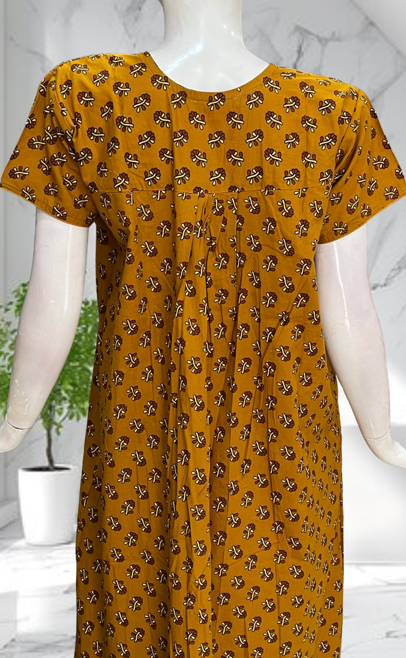 Mustard Tiny Flora Pure Cotton Nighty. Pure Durable Cotton | Laces and Frills