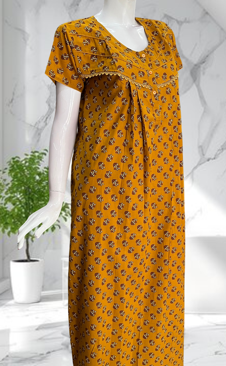 Mustard Tiny Flora Pure Cotton Nighty. Pure Durable Cotton | Laces and Frills