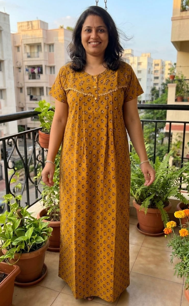 Mustard Tiny Flora Pure Cotton Nighty. Pure Durable Cotton | Laces and Frills