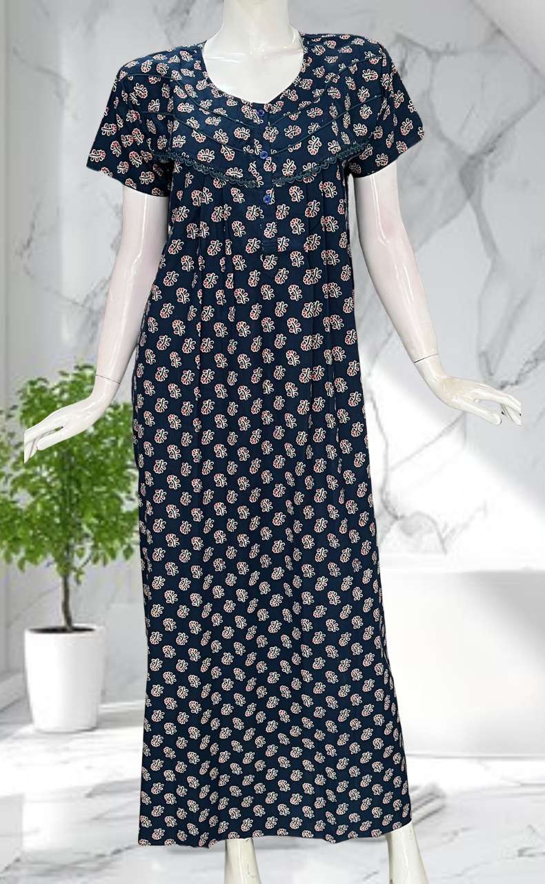 Indigo Blue Tiny Flora Pure Cotton Nighty. Pure Durable Cotton | Laces and Frills