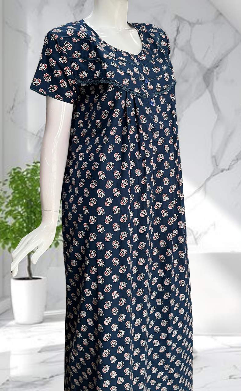 Indigo Blue Tiny Flora Pure Cotton Nighty. Pure Durable Cotton | Laces and Frills