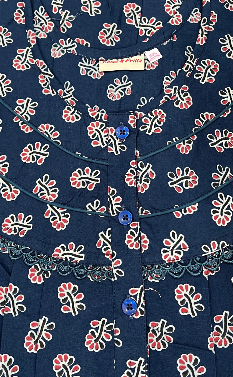 Indigo Blue Tiny Flora Pure Cotton Nighty. Pure Durable Cotton | Laces and Frills