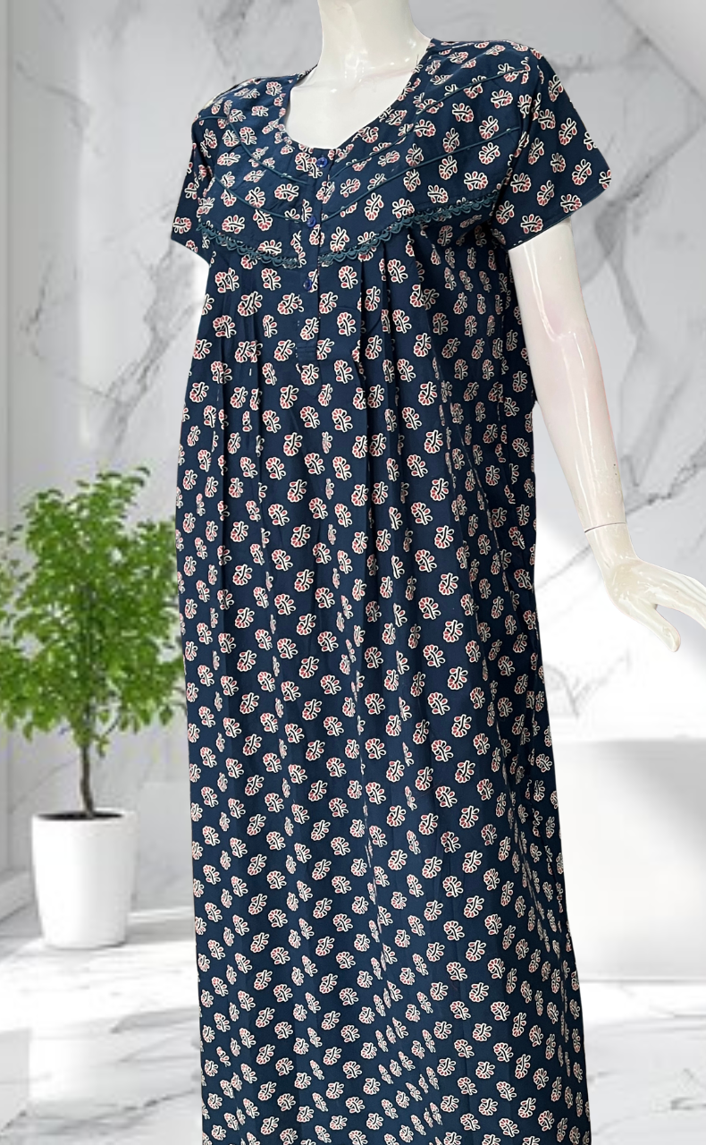 Indigo Blue Tiny Flora Pure Cotton Nighty. Pure Durable Cotton | Laces and Frills