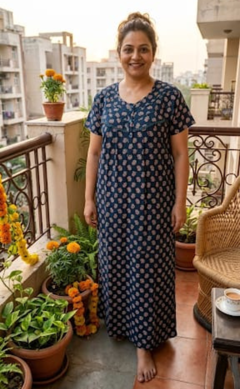 Indigo Blue Tiny Flora Pure Cotton Nighty. Pure Durable Cotton | Laces and Frills - Laces and Frills