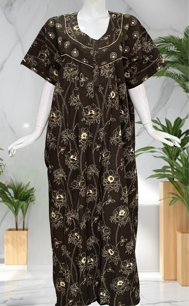 Brown Floral Pure Cotton Nighty. Pure Durable Cotton | Laces and Frills