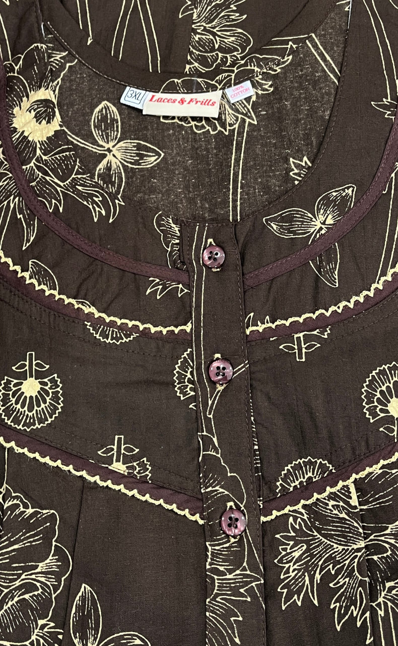 Brown Floral Pure Cotton Nighty. Pure Durable Cotton | Laces and Frills