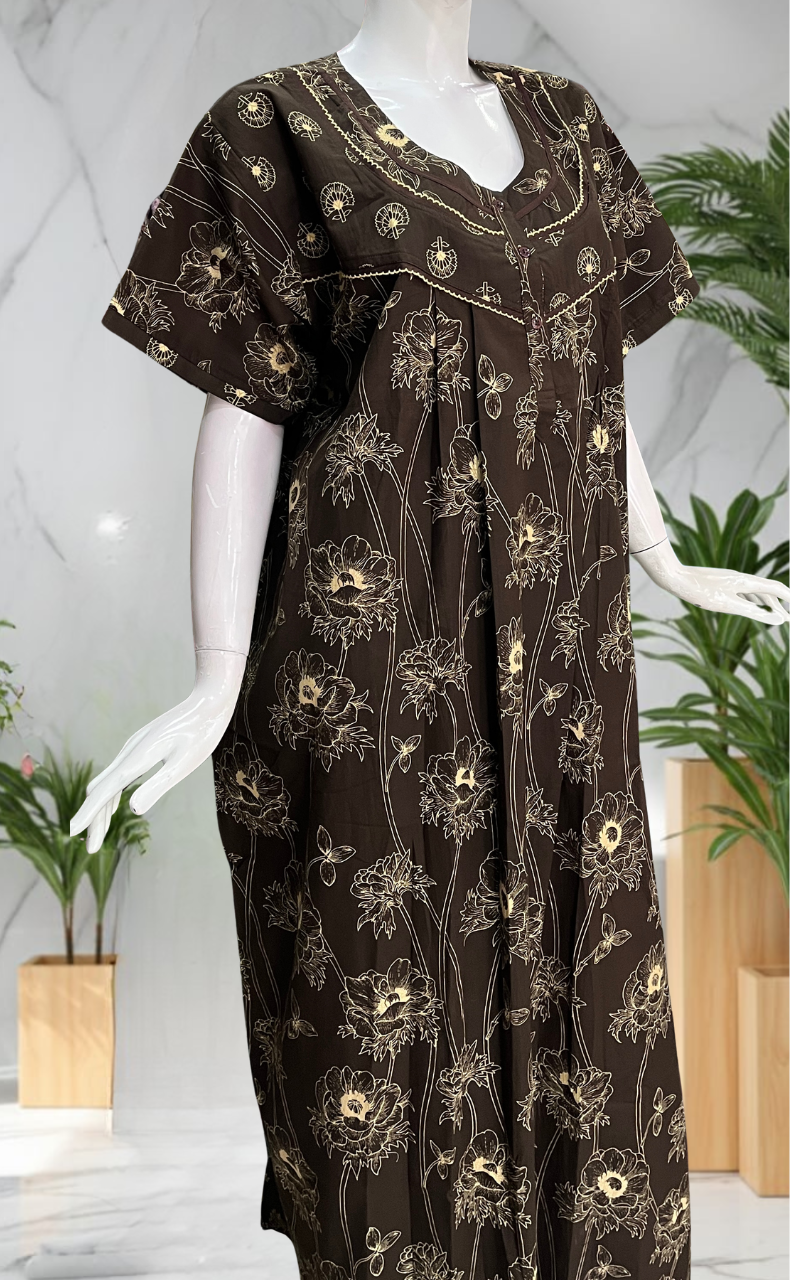 Brown Floral Pure Cotton Nighty. Pure Durable Cotton | Laces and Frills