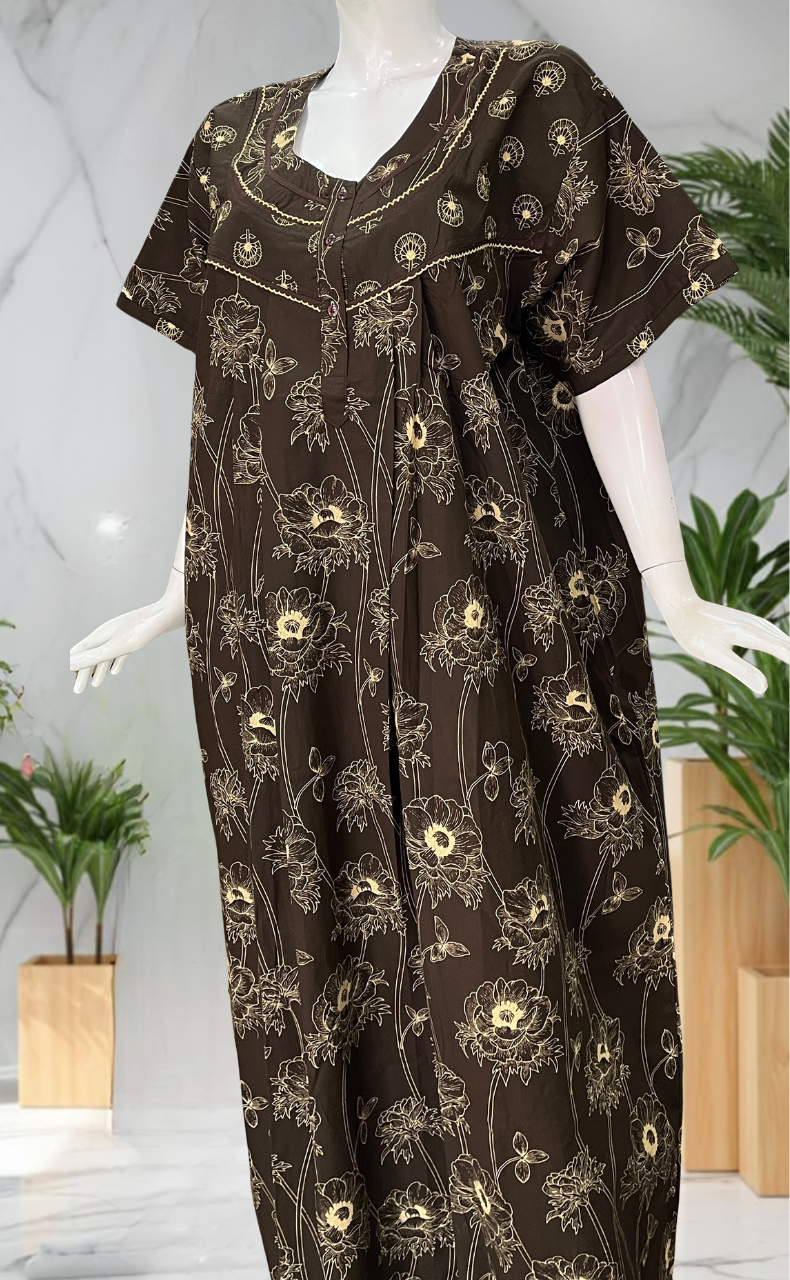 Brown Floral Pure Cotton Nighty. Pure Durable Cotton | Laces and Frills
