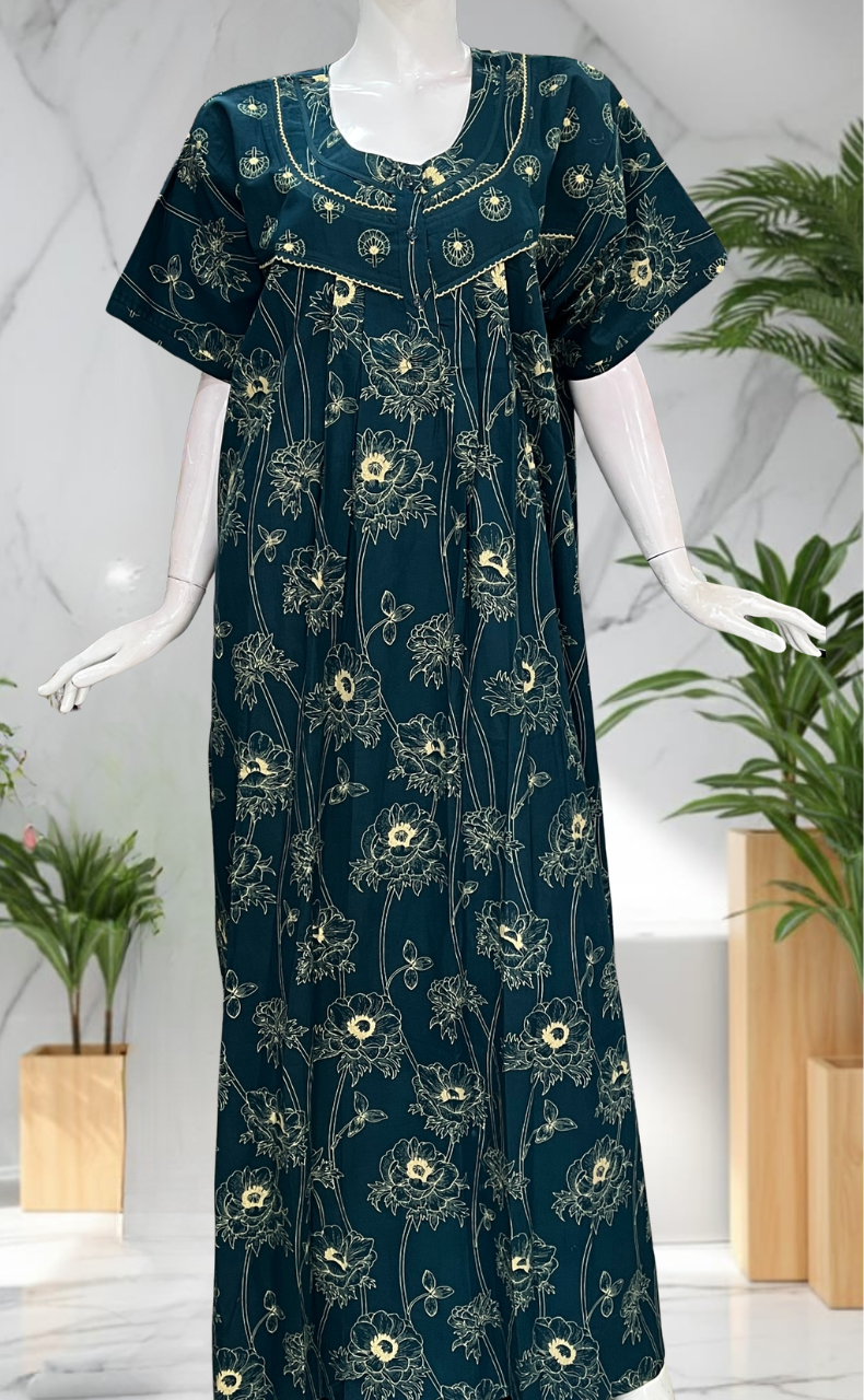 Teal Blue Floral Pure Cotton Nighty. Pure Durable Cotton | Laces and Frills