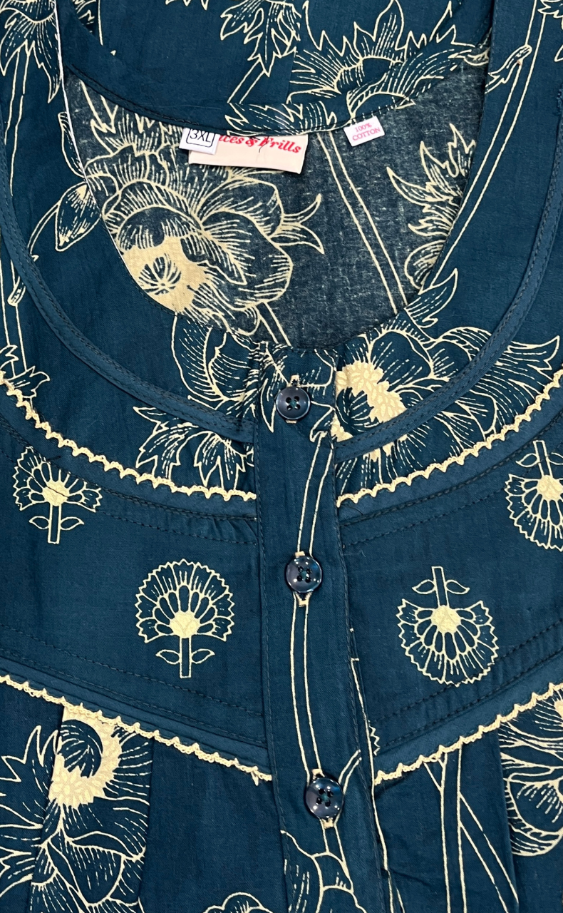 Teal Blue Floral Pure Cotton Nighty. Pure Durable Cotton | Laces and Frills
