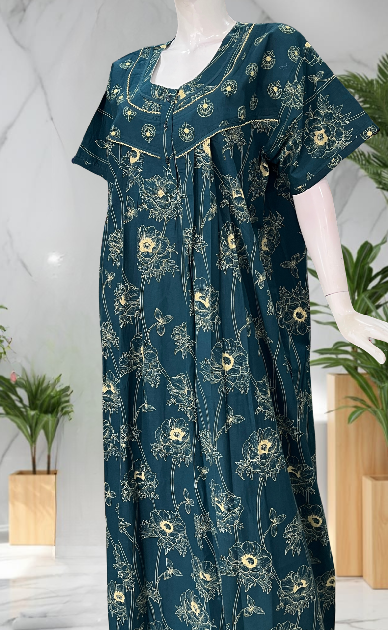 Teal Blue Floral Pure Cotton Nighty. Pure Durable Cotton | Laces and Frills