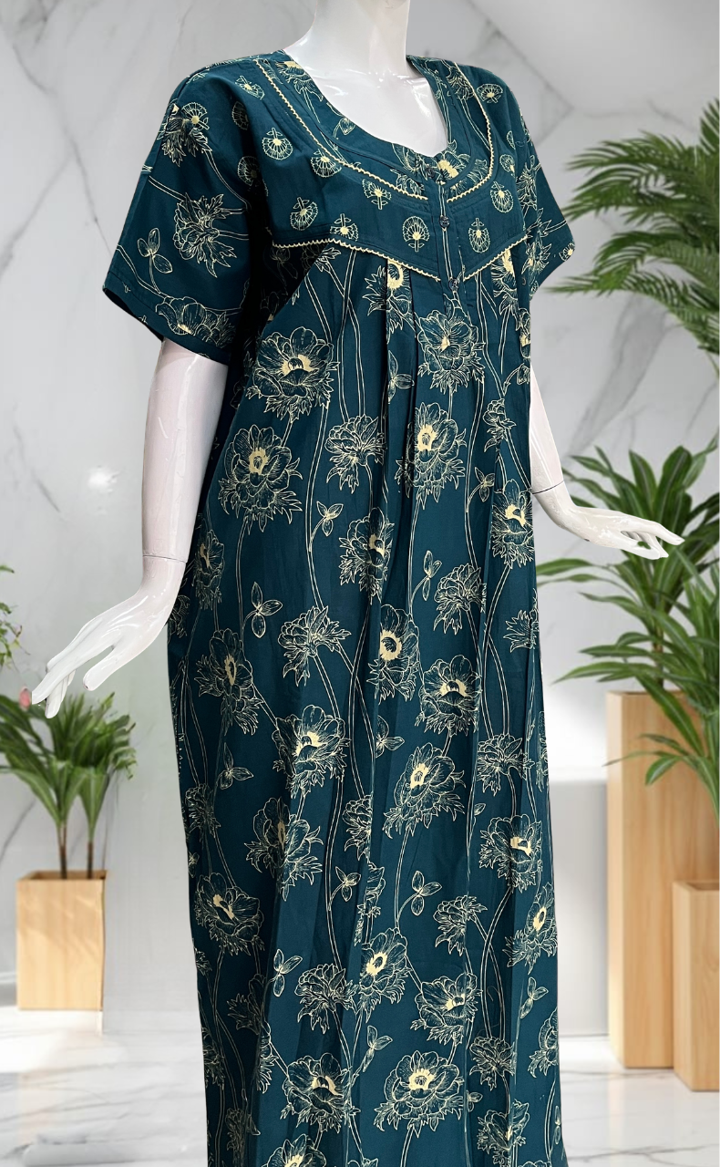 Teal Blue Floral Pure Cotton Nighty. Pure Durable Cotton | Laces and Frills