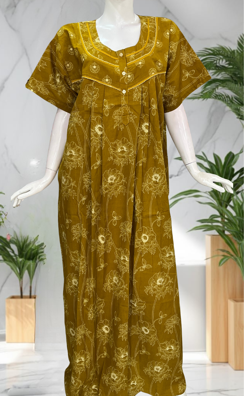 Mustard Floral Pure Cotton Nighty. Pure Durable Cotton | Laces and Frills