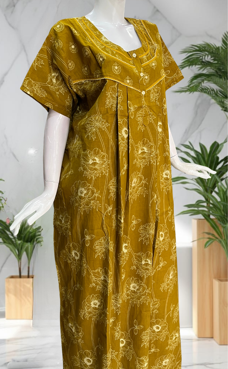 Mustard Floral Pure Cotton Nighty. Pure Durable Cotton | Laces and Frills