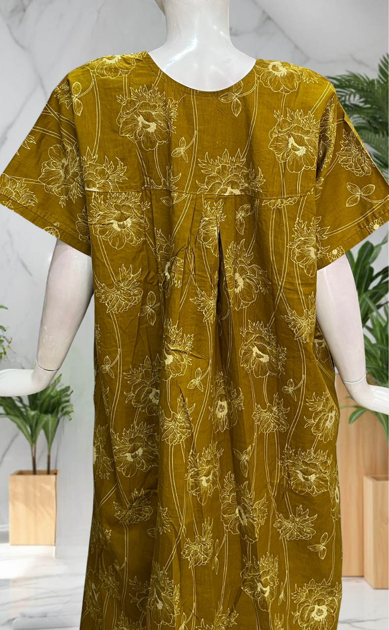Mustard Floral Pure Cotton Nighty. Pure Durable Cotton | Laces and Frills