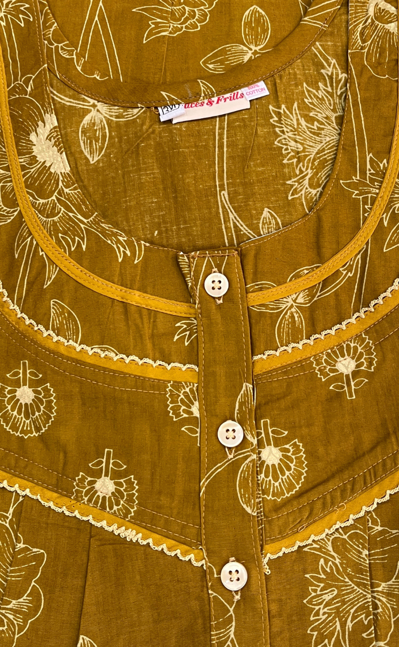 Mustard Floral Pure Cotton Nighty. Pure Durable Cotton | Laces and Frills