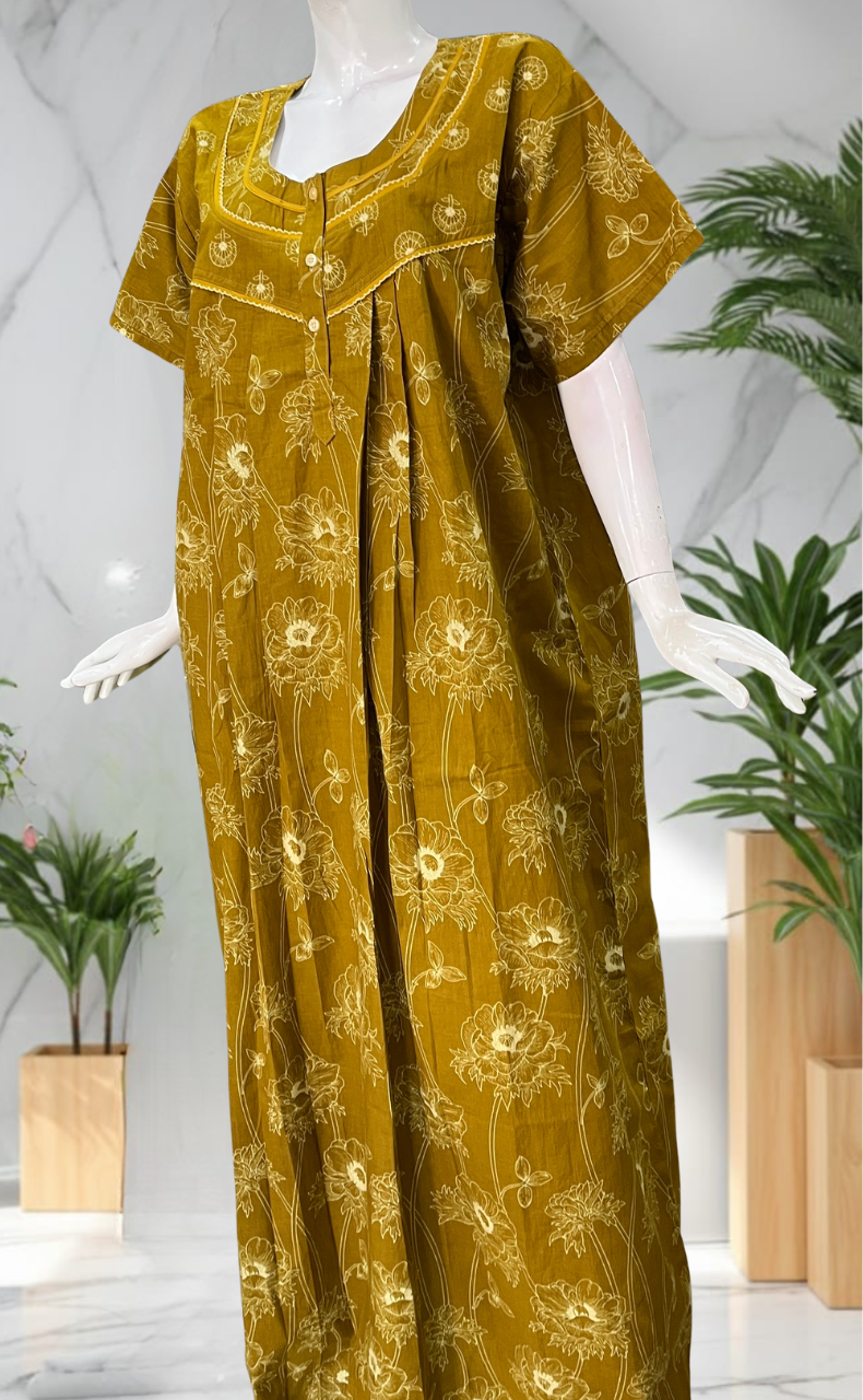 Mustard Floral Pure Cotton Nighty. Pure Durable Cotton | Laces and Frills