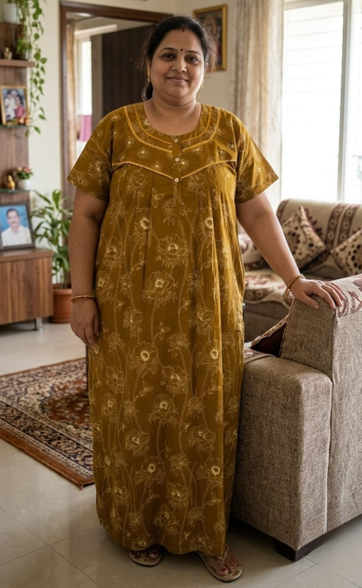 Mustard Floral Pure Cotton Nighty. Pure Durable Cotton | Laces and Frills - Laces and Frills