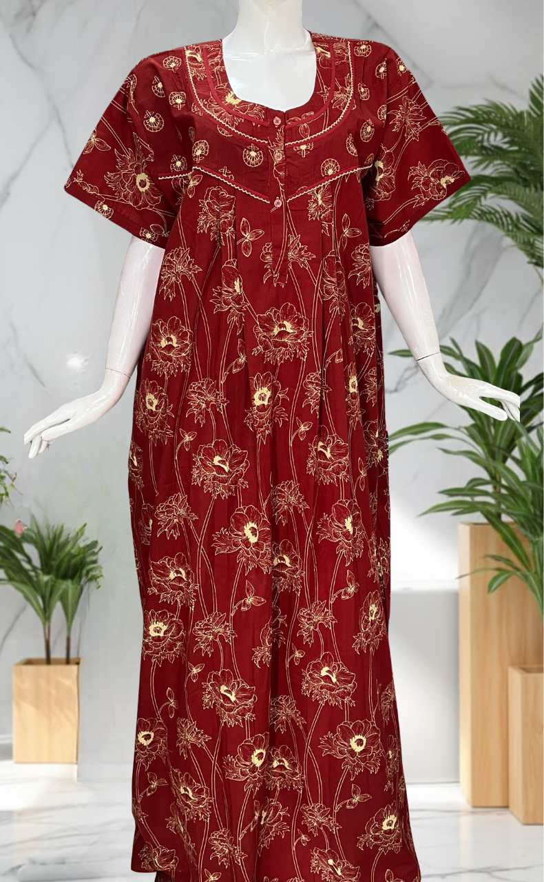 Maroon Floral Pure Cotton Nighty. Pure Durable Cotton | Laces and Frills