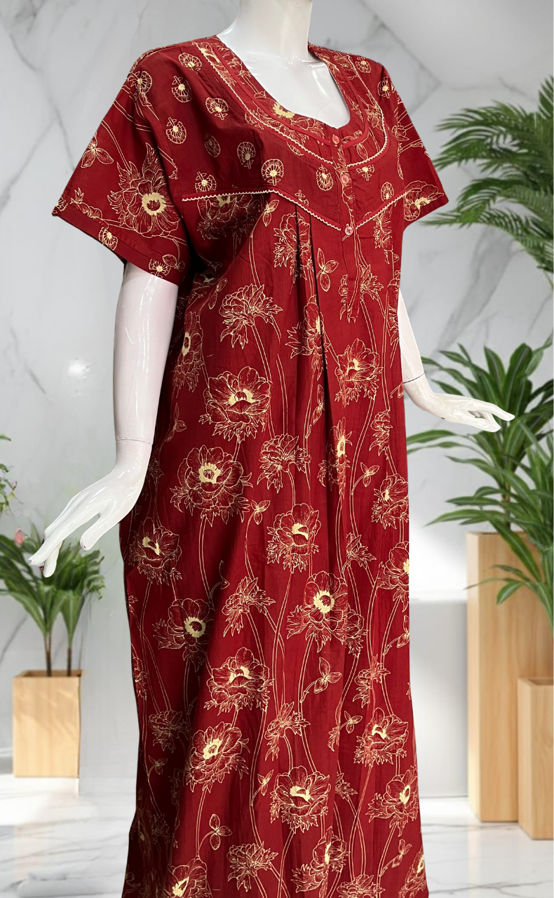 Maroon Floral Pure Cotton Nighty. Pure Durable Cotton | Laces and Frills