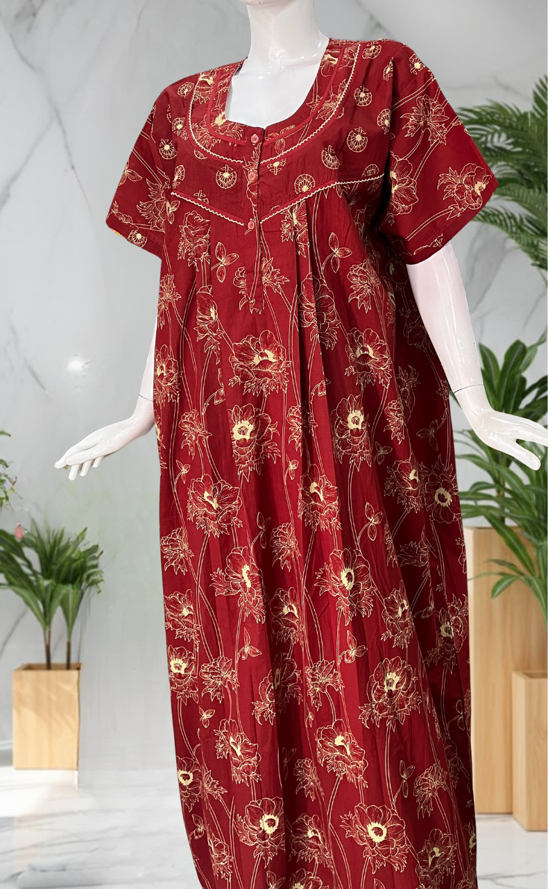 Maroon Floral Pure Cotton Nighty. Pure Durable Cotton | Laces and Frills