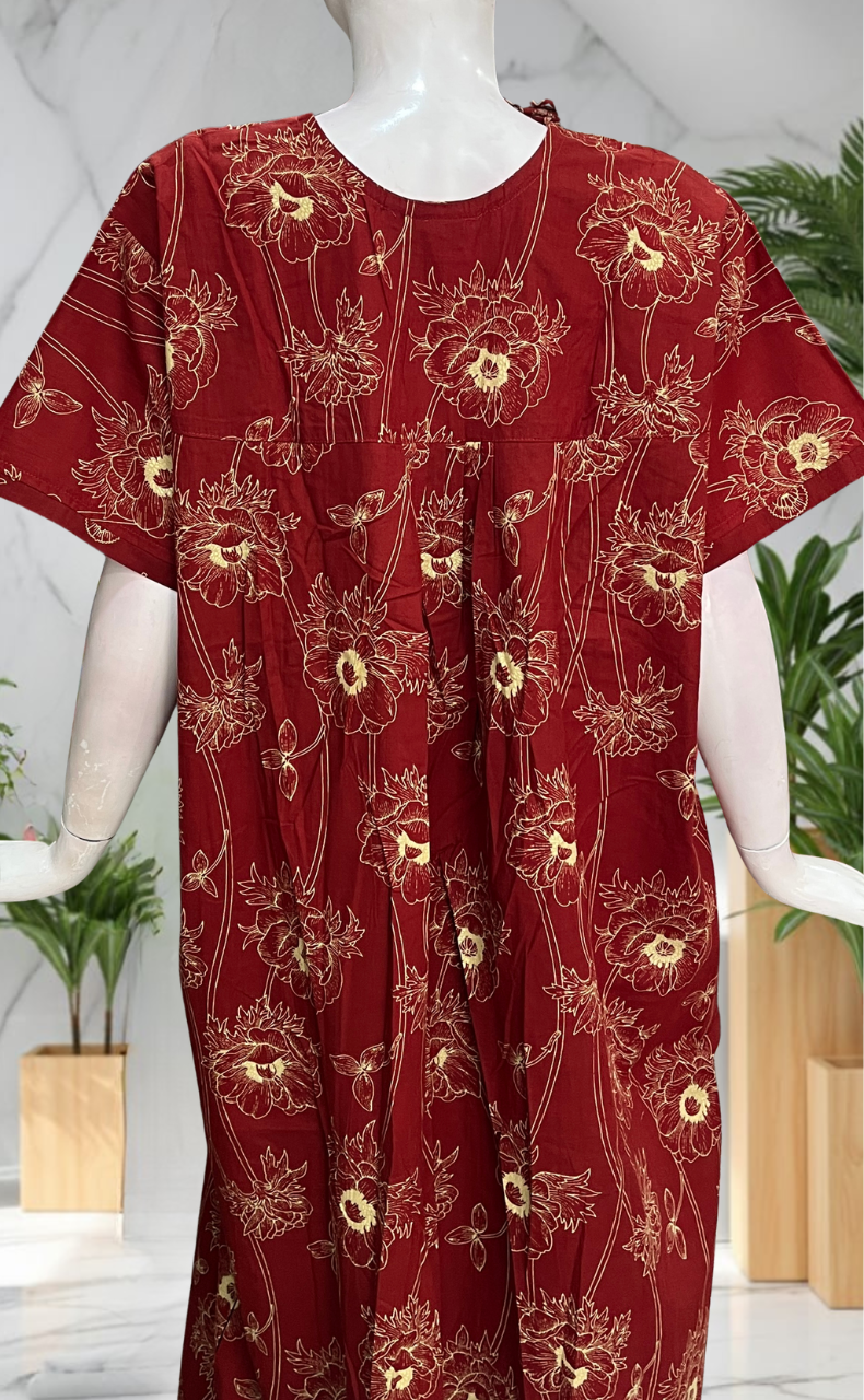 Maroon Floral Pure Cotton Nighty. Pure Durable Cotton | Laces and Frills