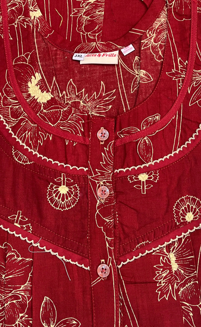 Maroon Floral Pure Cotton Nighty. Pure Durable Cotton | Laces and Frills