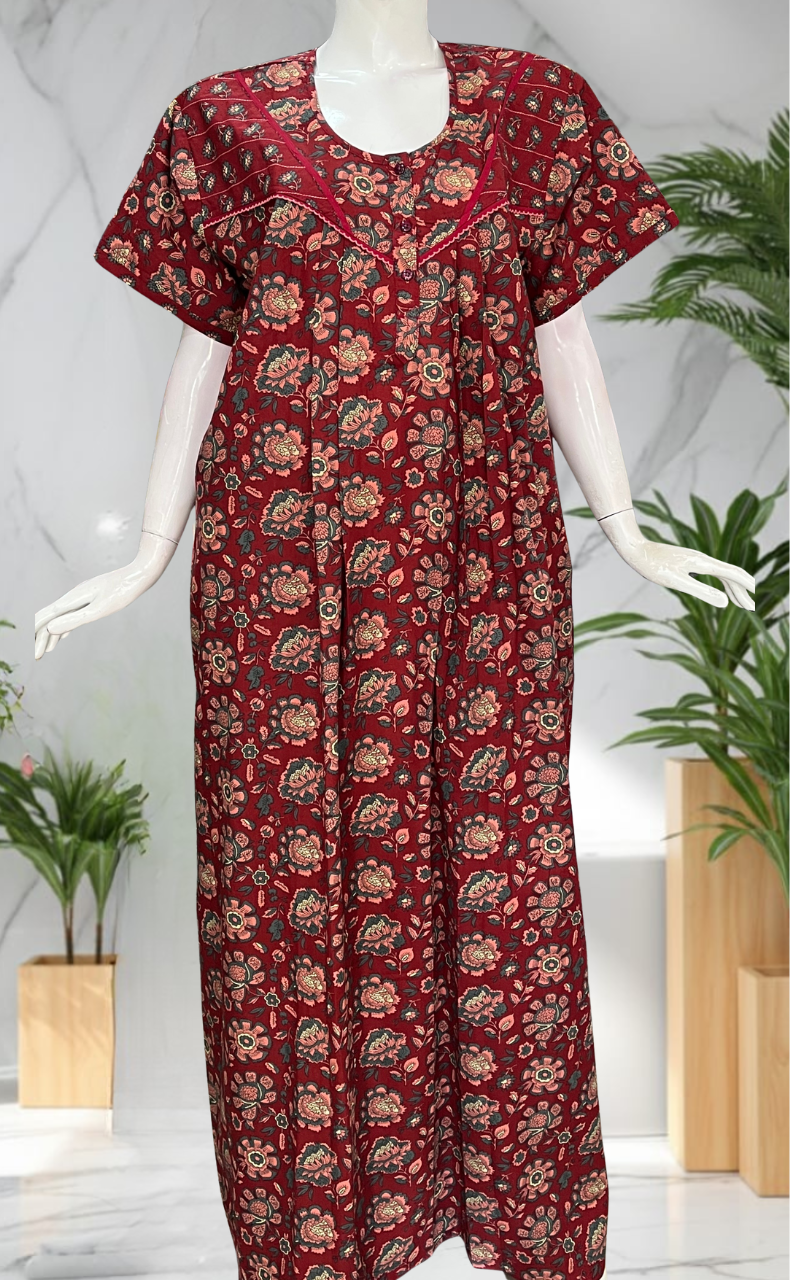 Maroon Garden Pure Cotton Nighty. Pure Durable Cotton | Laces and Frills