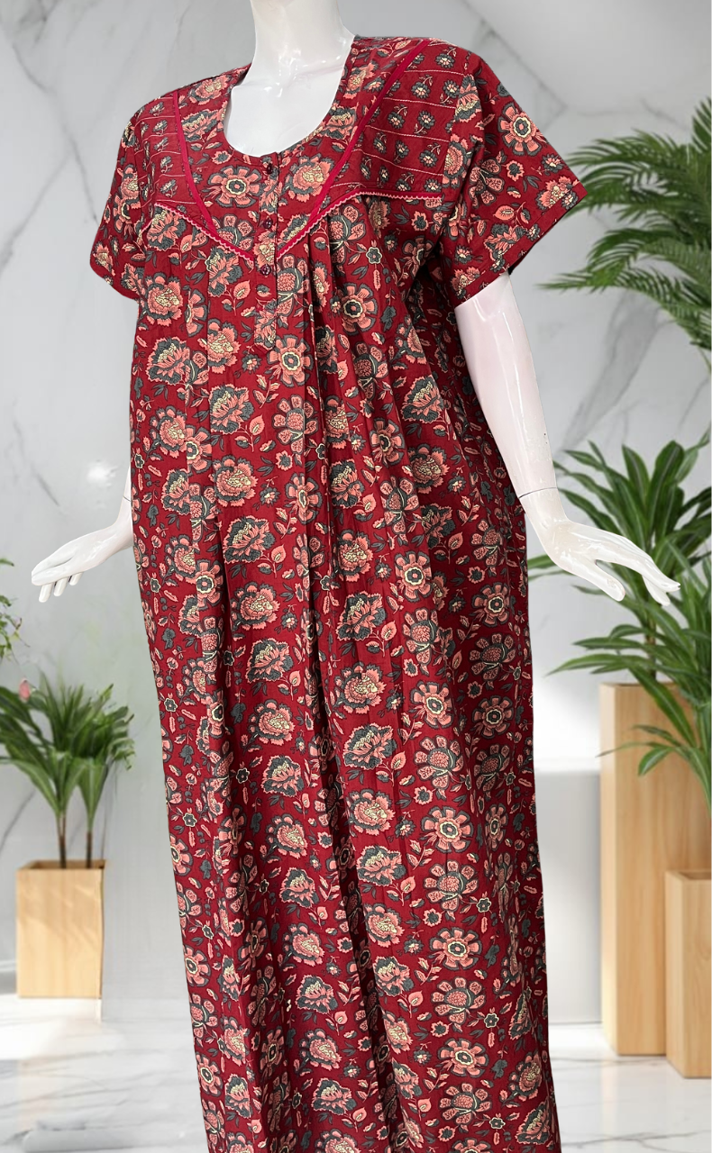 Maroon Garden Pure Cotton Nighty. Pure Durable Cotton | Laces and Frills