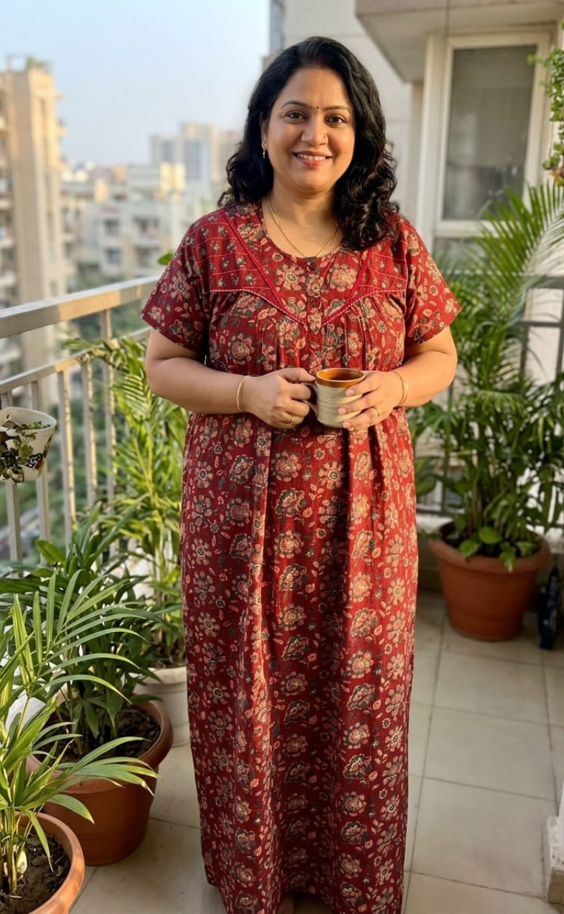 Maroon Garden Pure Cotton Nighty. Pure Durable Cotton | Laces and Frills - Laces and Frills